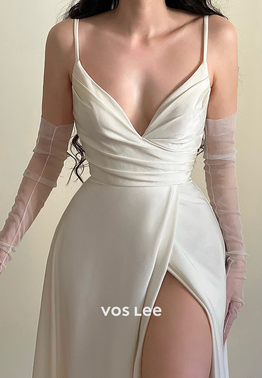 Simple Spaghetti Straps Long Prom Dress V-Neck Split Dress