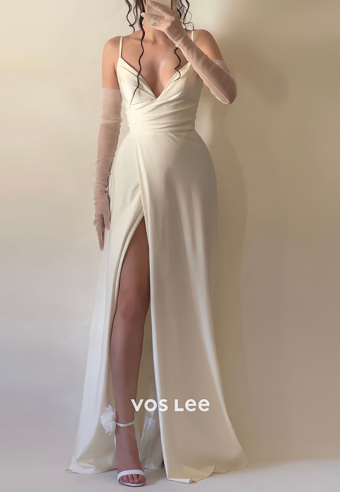 Simple Spaghetti Straps Long Prom Dress V-Neck Split Dress