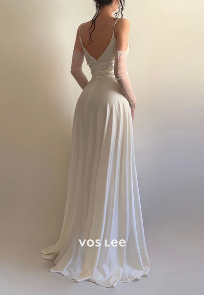 Simple Spaghetti Straps Long Prom Dress V-Neck Split Dress