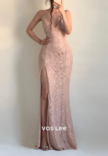 Spaghetti Straps Lace Long Prom Dress V-Neck Backless Split Dress
