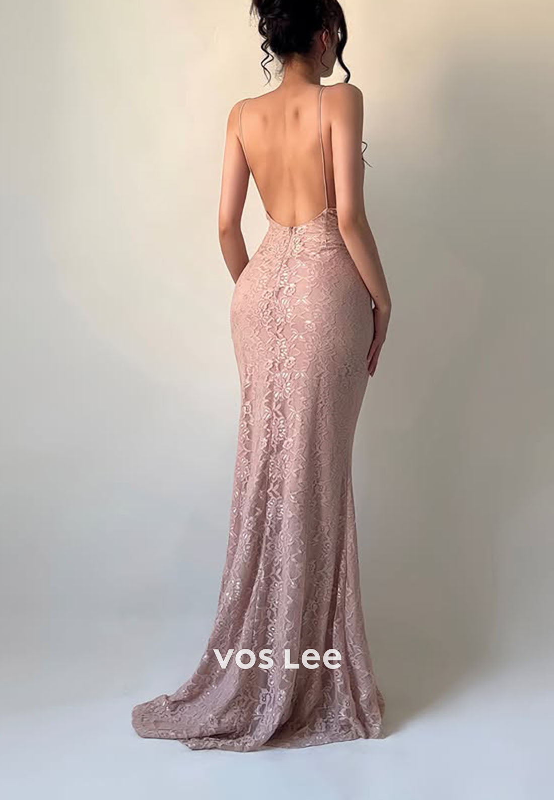 Spaghetti Straps Lace Long Prom Dress V-Neck Backless Split Dress