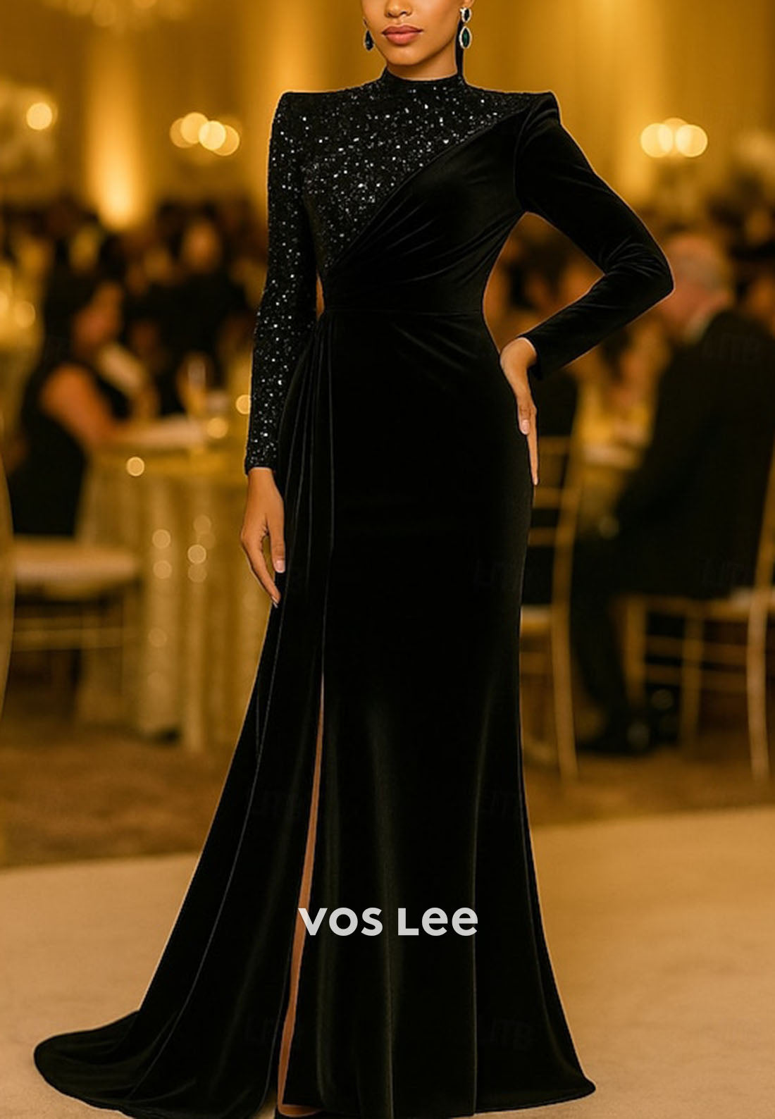High-Neck Sequined Long-Sleeves Mermaid Velvet Evening Dress Formal Gowns