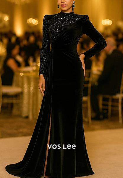 High-Neck Sequined Long-Sleeves Mermaid Velvet Evening Dress Formal Gowns