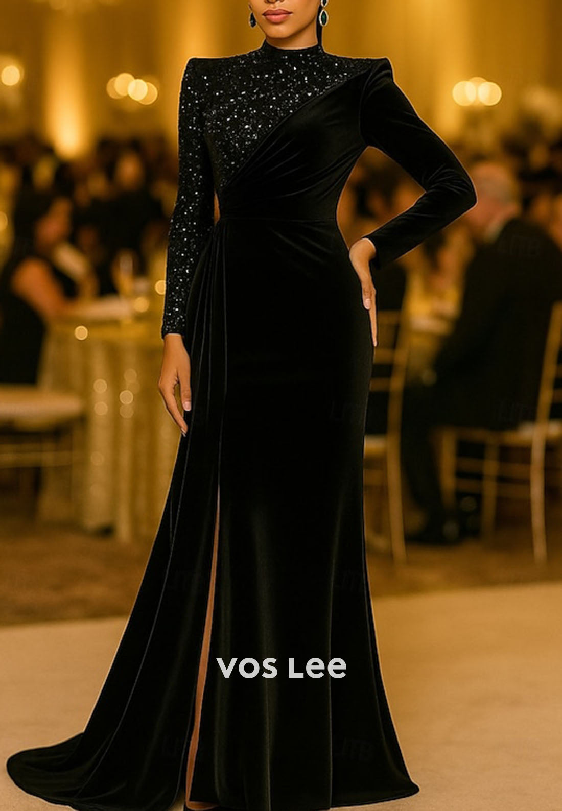 High-Neck Sequined Long-Sleeves Mermaid Velvet Evening Dress Formal Gowns