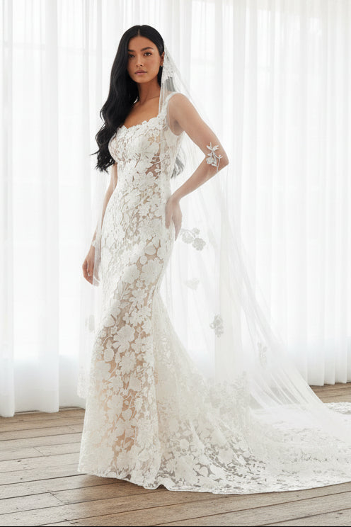 Vintage Elegant Square Neck Mermaid Gown | All-Lace Slim Fit Bridal Dress