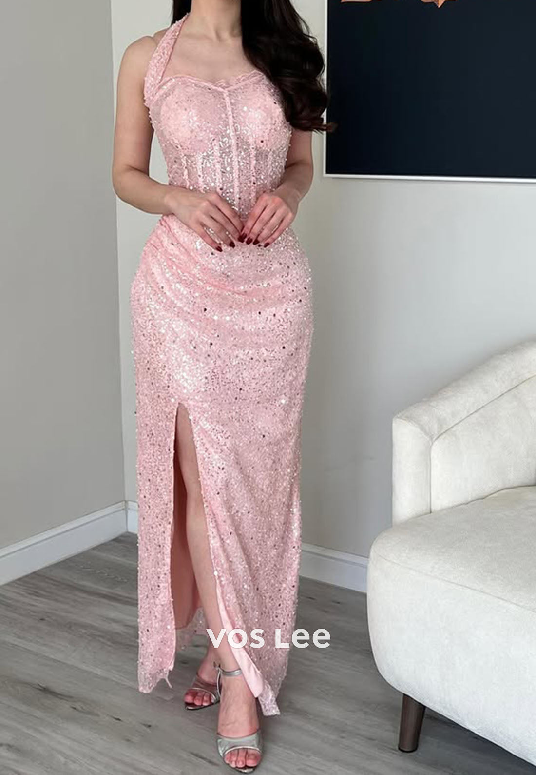 Pink Halter Sequins Long Prom Dress Corset Split Party Dress