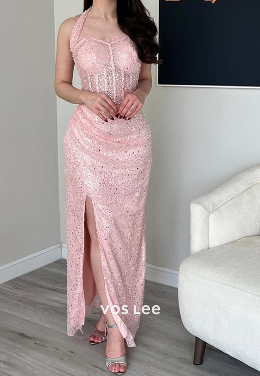 Pink Halter Sequins Long Prom Dress Corset Split Party Dress