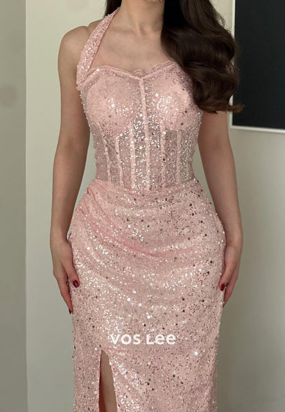 Pink Halter Sequins Long Prom Dress Corset Split Party Dress