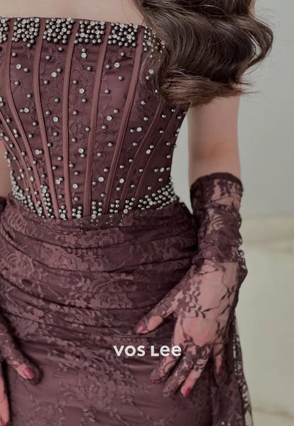 Lace Strapless Beading Crystals Mermaid Evening Dress Formal Dress