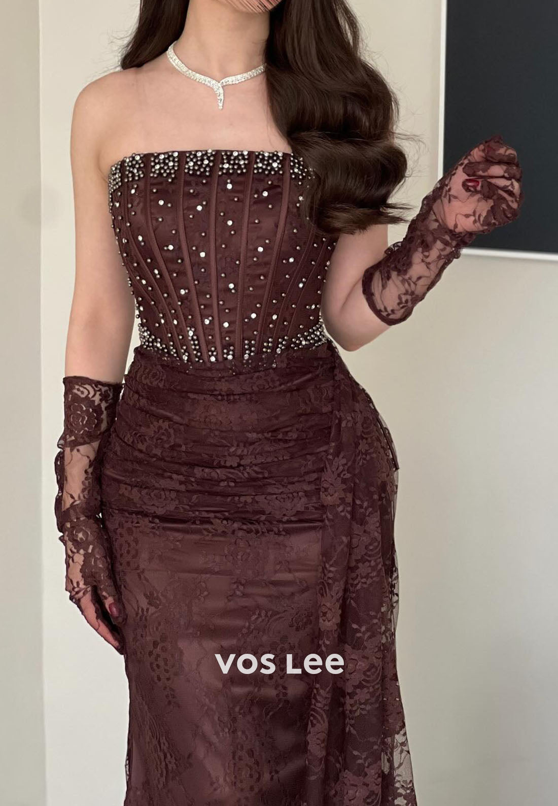 Lace Strapless Beading Crystals Mermaid Evening Dress Formal Dress