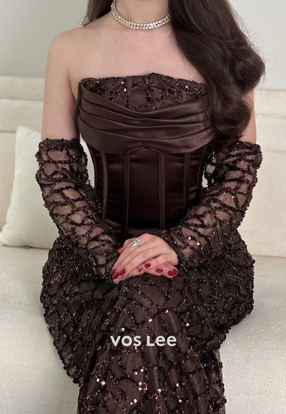 Elegant Strapless Beading Sequins Column Evening Dress Formal Dress With Detachable Sleeves