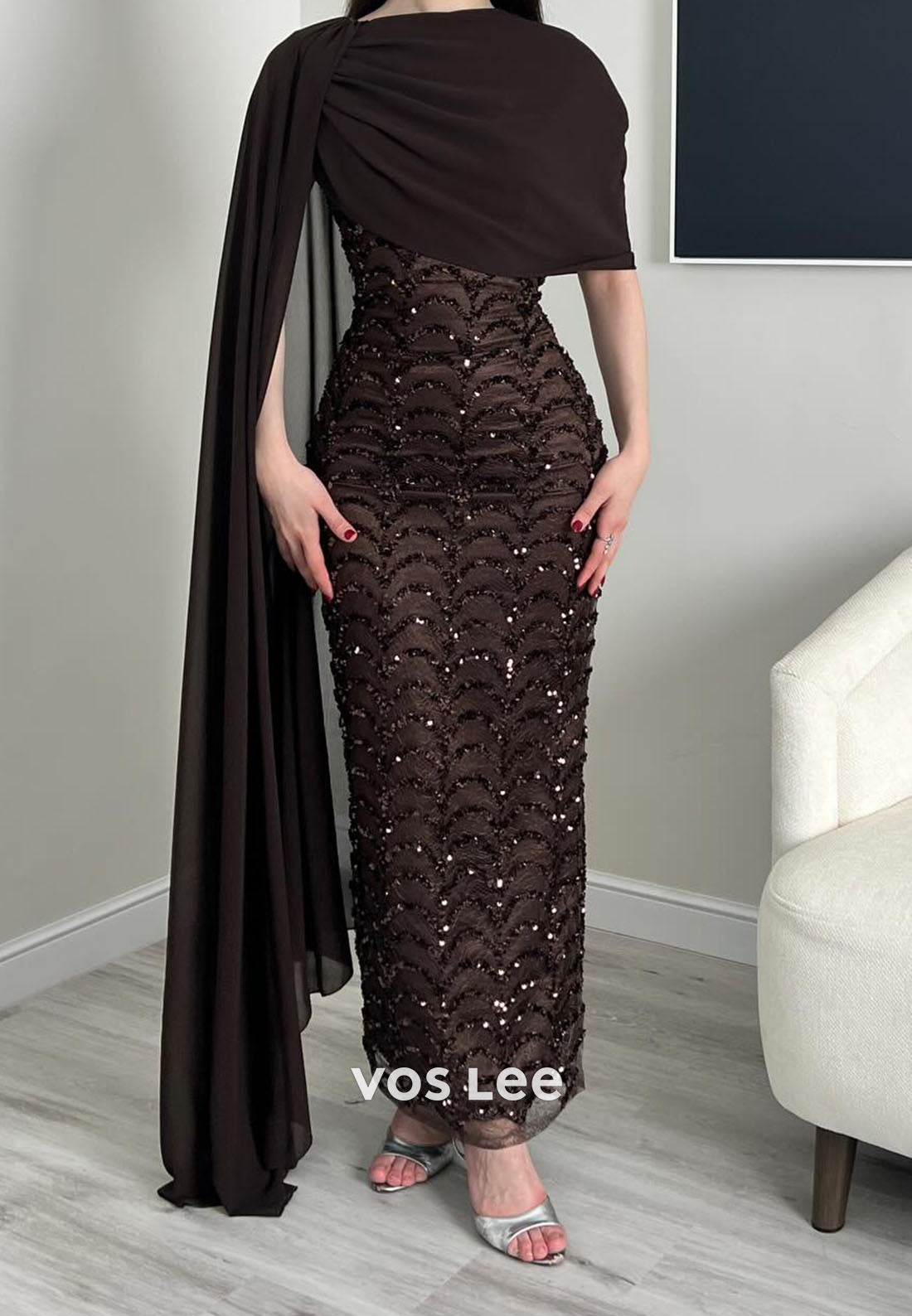 Chiffon Cape Beading Sequins Sheath Evening Dress Formal Dress