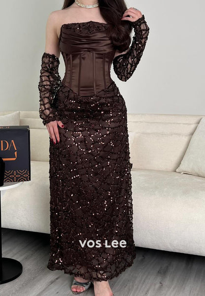 Elegant Strapless Beading Sequins Column Evening Dress Formal Dress With Detachable Sleeves