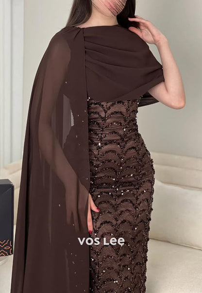 Chiffon Cape Beading Sequins Sheath Evening Dress Formal Dress