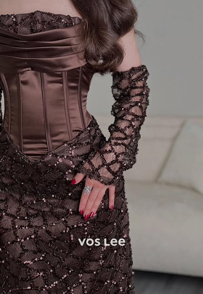 Elegant Strapless Beading Sequins Column Evening Dress Formal Dress With Detachable Sleeves