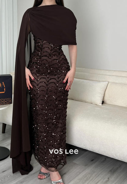 Chiffon Cape Beading Sequins Sheath Evening Dress Formal Dress