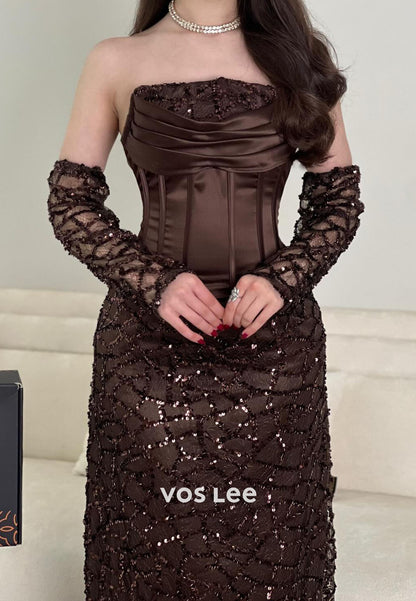 Elegant Strapless Beading Sequins Column Evening Dress Formal Dress With Detachable Sleeves