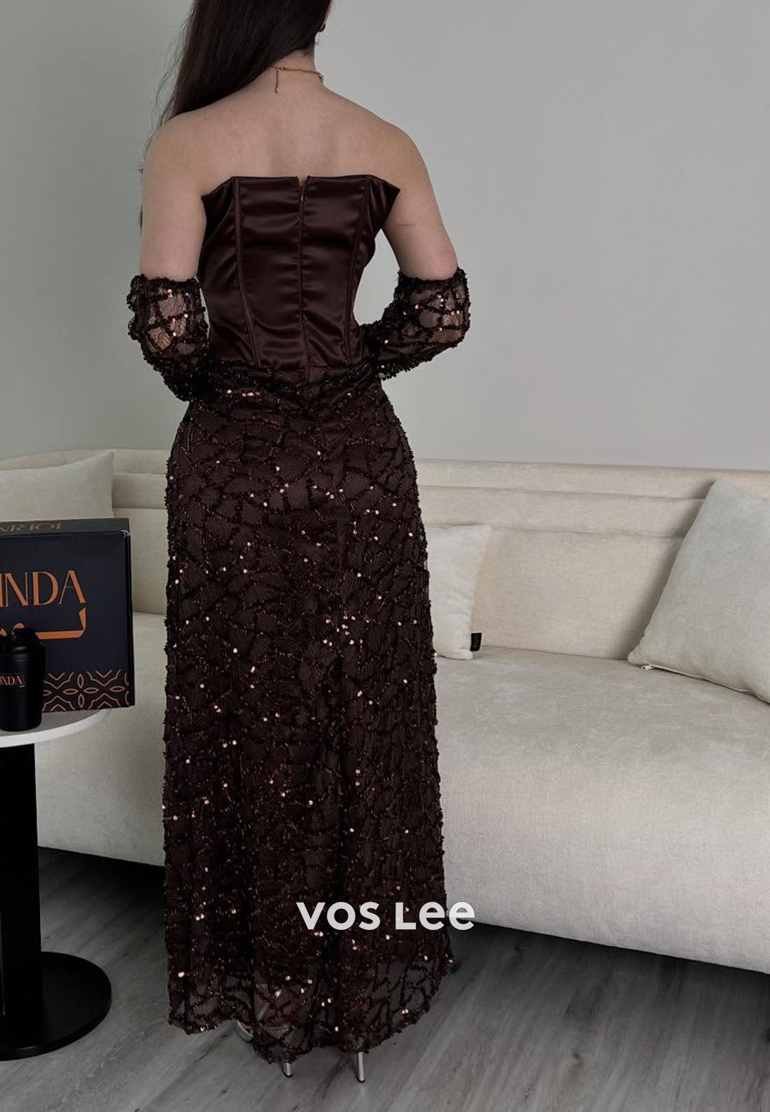 Elegant Strapless Beading Sequins Column Evening Dress Formal Dress With Detachable Sleeves