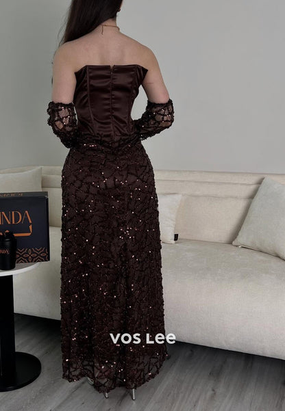 Elegant Strapless Beading Sequins Column Evening Dress Formal Dress With Detachable Sleeves