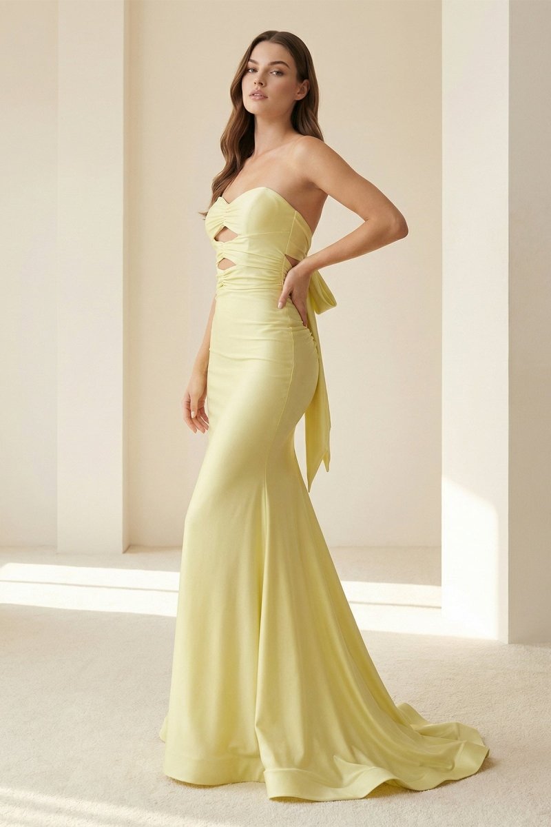 Yellow Strapless Mermaid Satin Formal Prom Dresses With Cutout