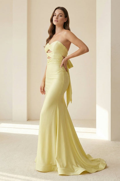 Yellow Strapless Mermaid Satin Formal Prom Dresses With Cutout
