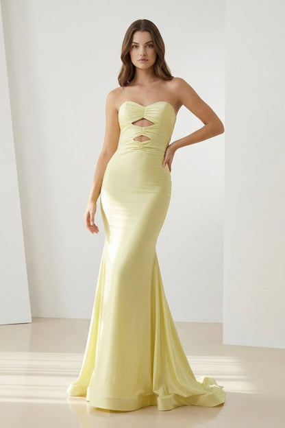 Yellow Strapless Mermaid Satin Formal Prom Dresses With Cutout