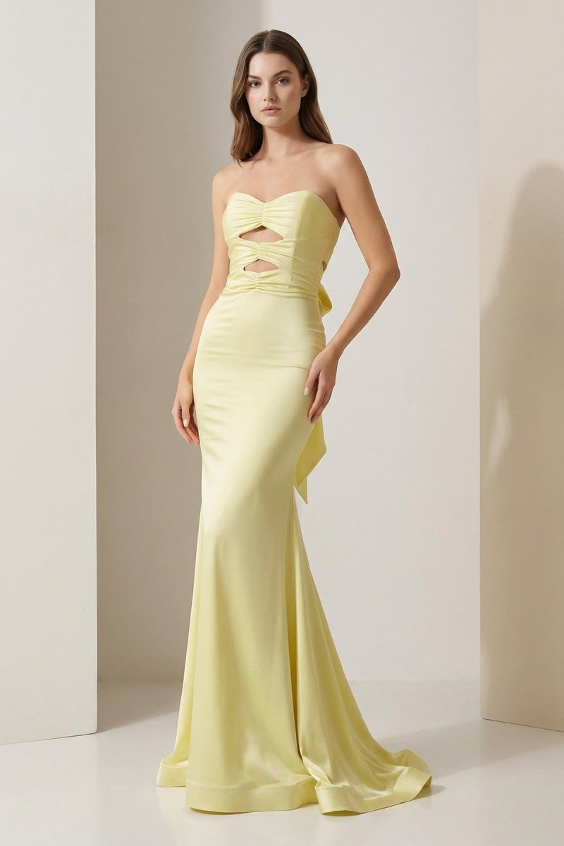 Yellow Strapless Mermaid Satin Formal Prom Dresses With Cutout