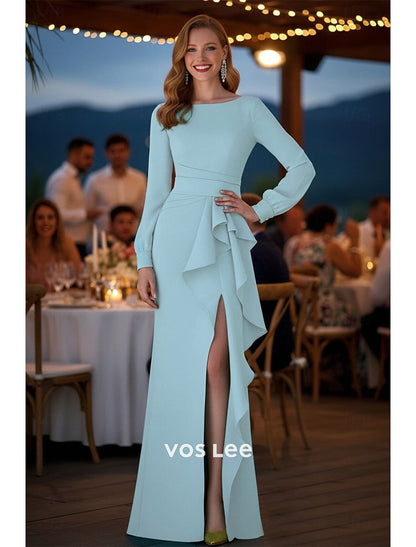 Sky Blue Long Sleeve Mermaid Evening Gown | Ruffled Waist High Slit Formal Dress