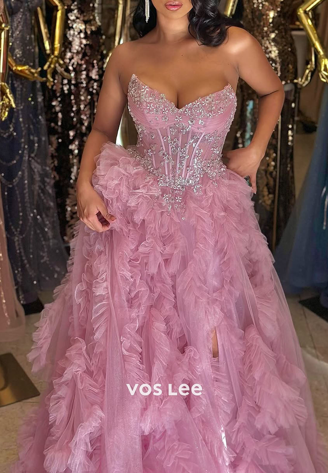 Pink Sweetheart Diamonds A-Line Ruffles Prom Dress Split Dress