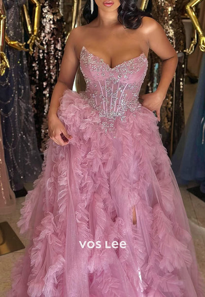 Pink Sweetheart Diamonds A-Line Ruffles Prom Dress Split Dress
