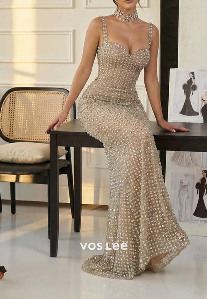 Sparkle Spaghetti Straps Fully Rhinestone Mermaid Long Prom Dresses