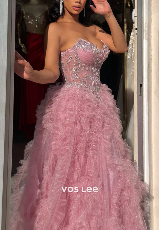 Pink Sweetheart Diamonds A-Line Ruffles Prom Dress Split Dress
