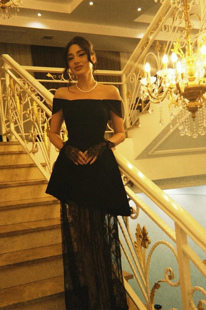 Black Off-The-Shoulder Sleeveless Lace A-Line Satin Prom Dress