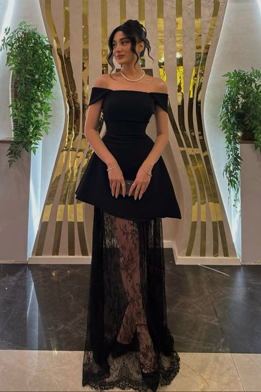 Black Off-The-Shoulder Sleeveless Lace A-Line Satin Prom Dress