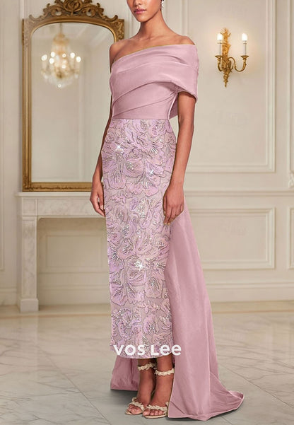 Elegant Glittering Off Shoulder Sheath Floor Length Evening Gown Wedding Guest Dress