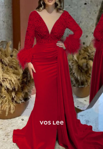 Sparkling V Neck Long Sleeves feather Mermaid Evening Dress with Court Train