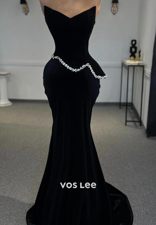 Black V Neck Rhinestone Mermaid Formal Dresses with Brush Train