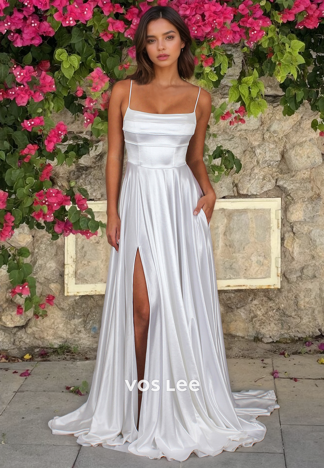 Modern Slit Square Satin Court Train Sleeveless A-Line Wedding Dress