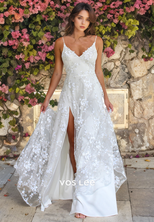 Spaghetti Straps A-Line Applique Tulle Lace Slit Boho V-Neck Beach Wedding Dress