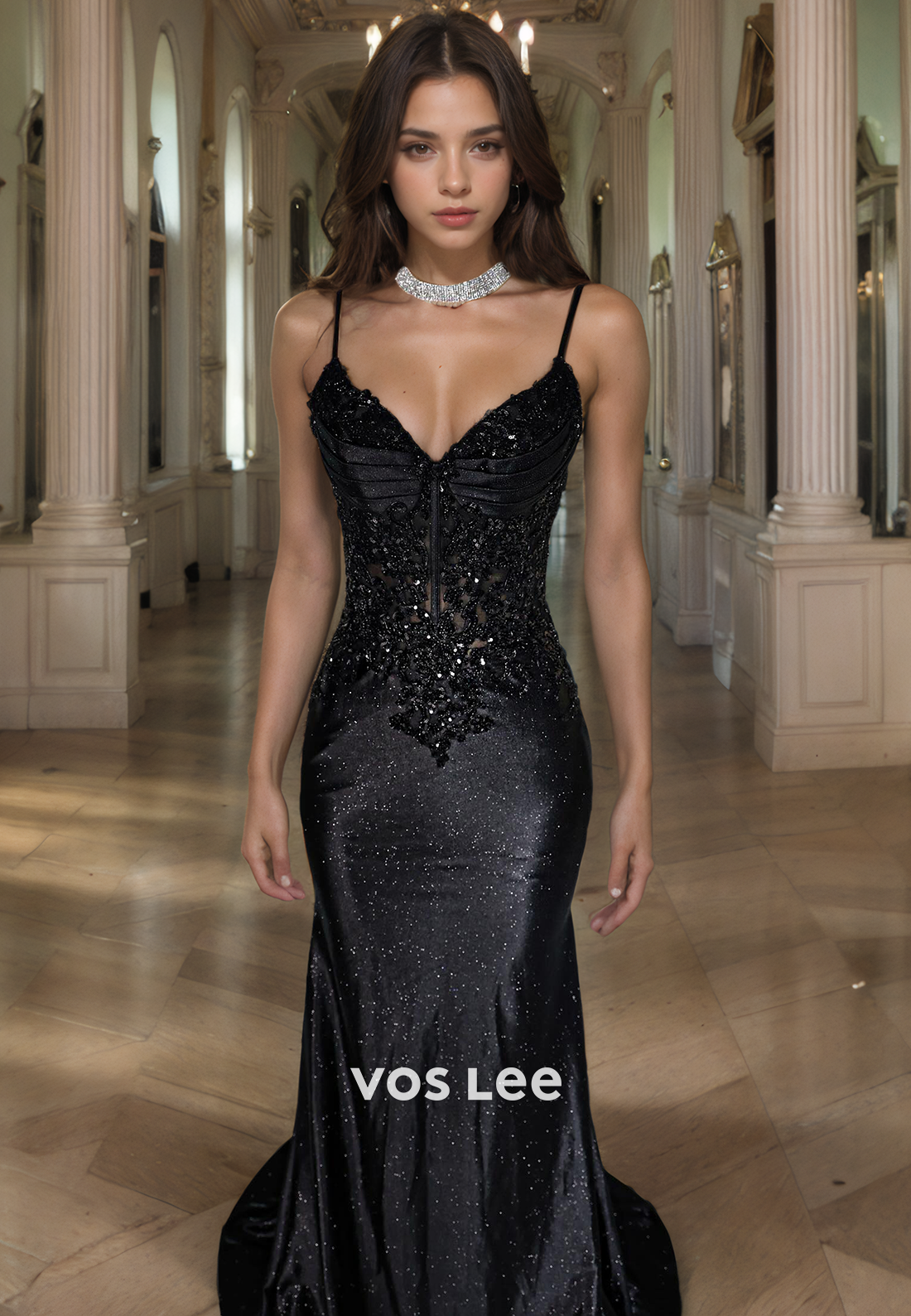 Classy Sparkle Spaghetti Straps Sequin Tulle Formal Evening Dress Trumpet/Mermaid Black V-Neck Satin Prom Dress