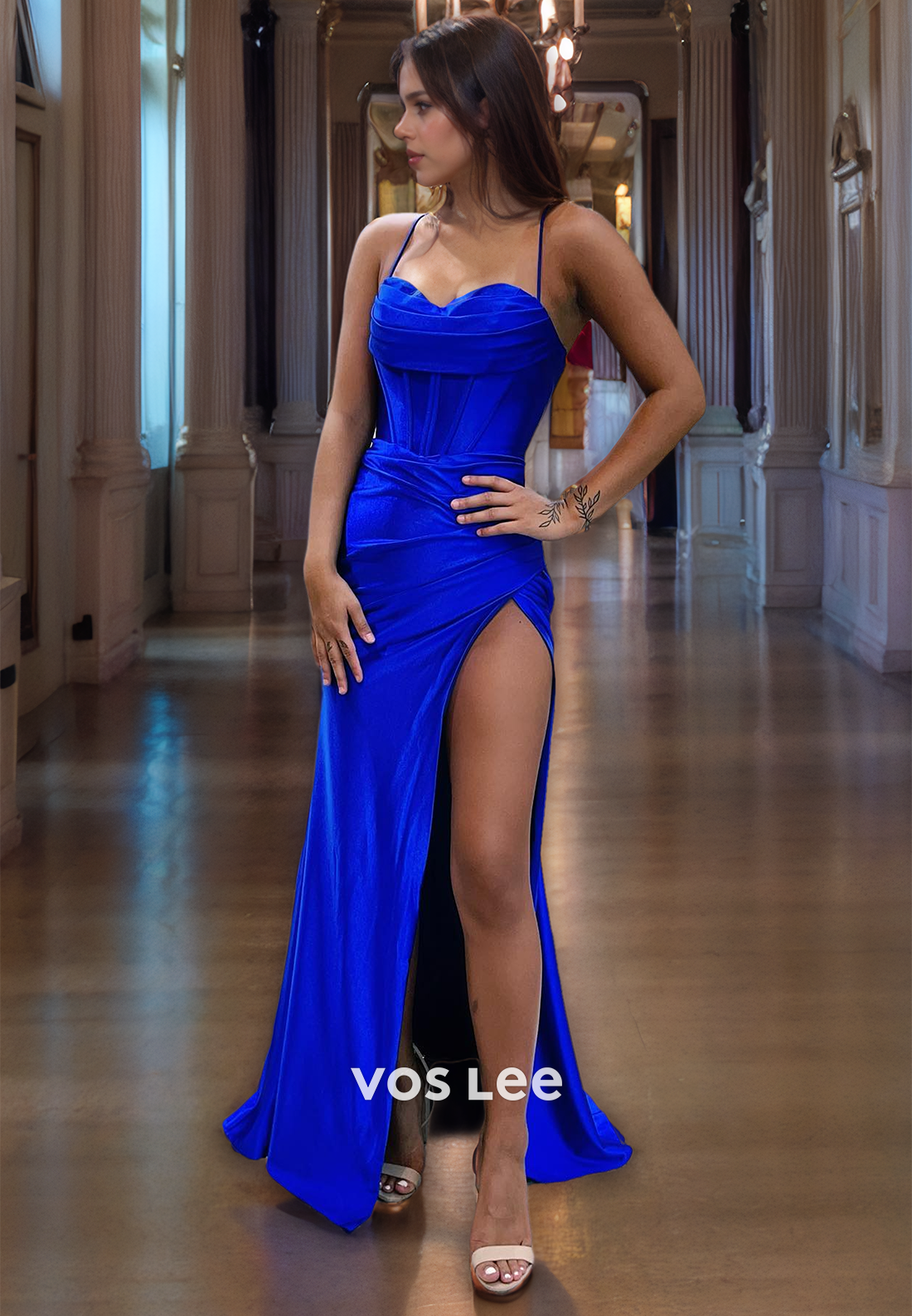 Royal Blue Satin Lace Up Cocktail Party Dress with Slit Spaghetti Straps Club Night Dresses