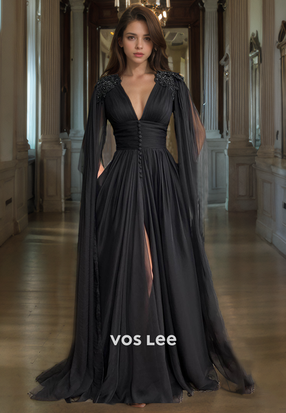 Classy Black V-Neck Bottons Prom Dresses A-Line Floor Length Tulle Evening Party Dress with Long Sleeves