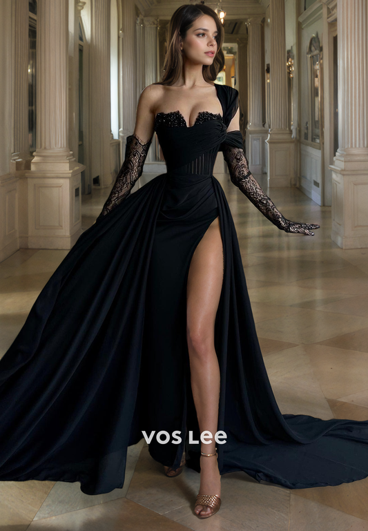 Elegant Black Prom Dress with Slit One Shoulder A-Line Long Formal Evening Dress