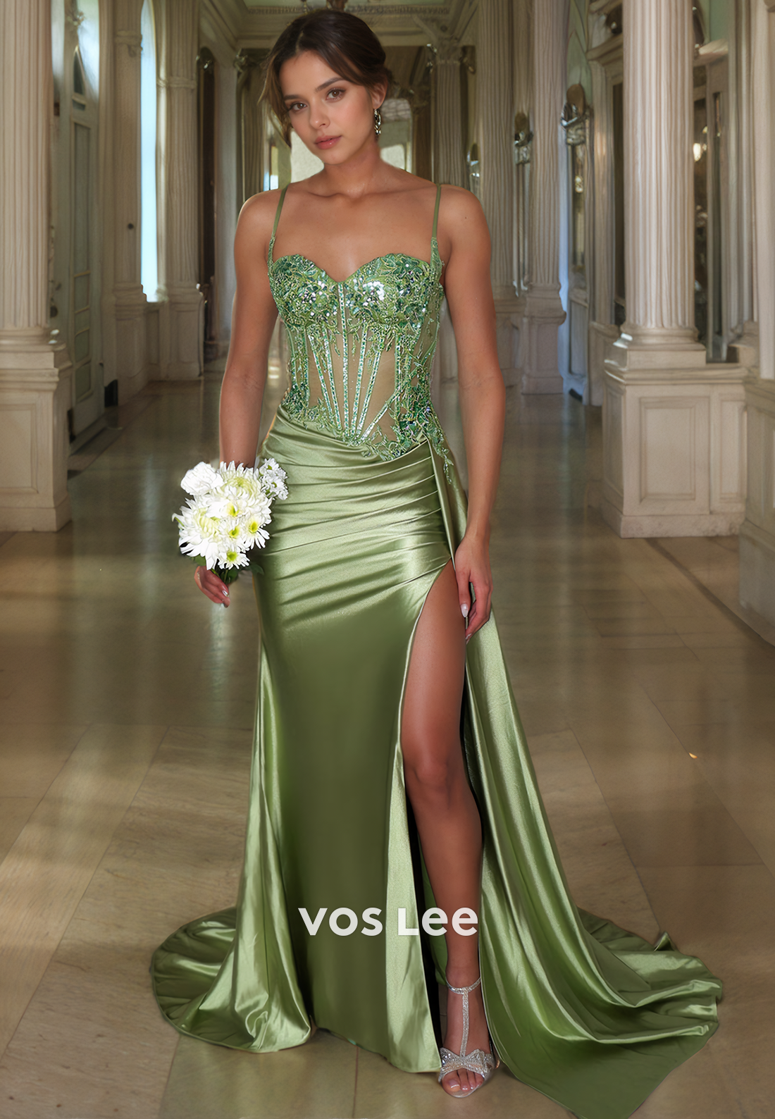 Gorgeous Applique Sweetheart Illusion Prom Dress Trumpet/Mermaid Spaghetti Straps Long Formal Evening Dress