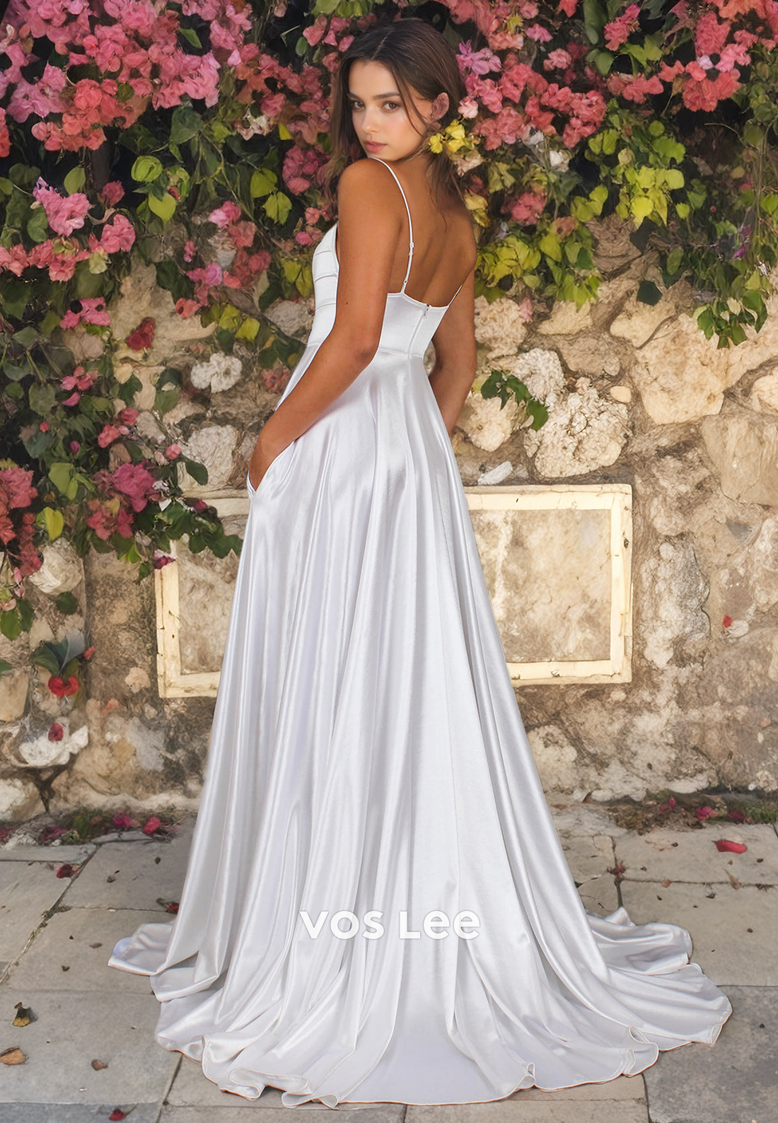 Modern Slit Square Satin Court Train Sleeveless A-Line Wedding Dress