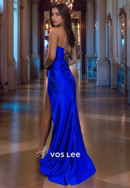 Royal Blue Satin Lace Up Cocktail Party Dress with Slit Spaghetti Straps Club Night Dresses