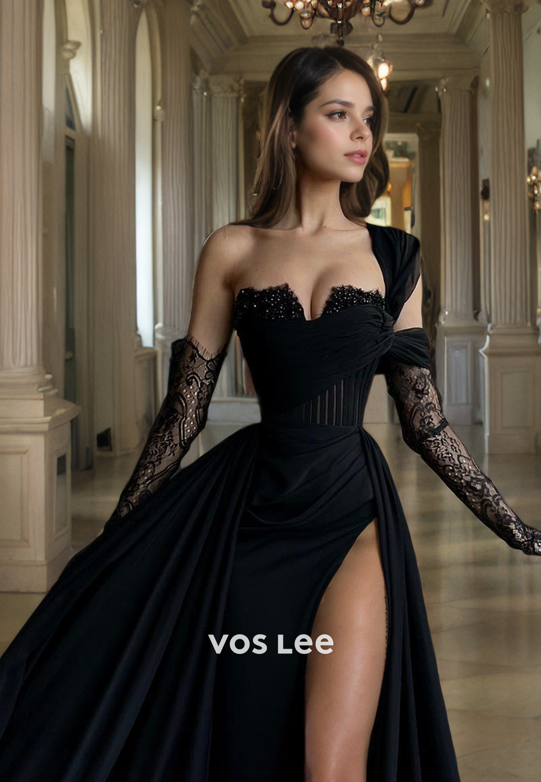 Elegant Black Prom Dress with Slit One Shoulder A-Line Long Formal Evening Dress