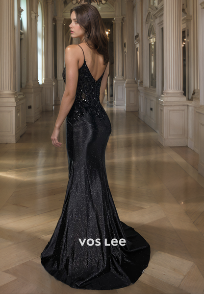 Classy Sparkle Spaghetti Straps Sequin Tulle Formal Evening Dress Trumpet/Mermaid Black V-Neck Satin Prom Dress