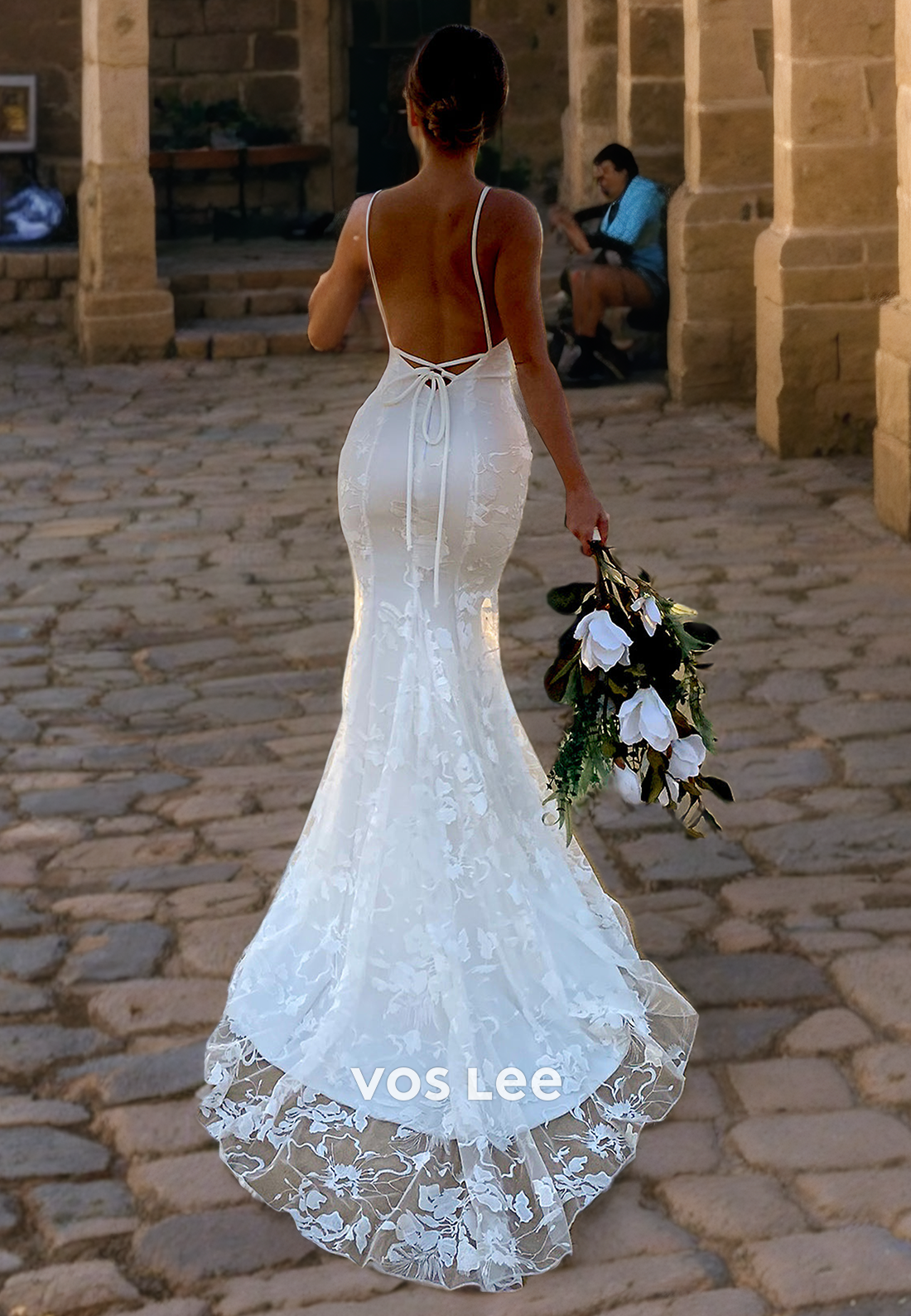 Elegant Court Train Trumpet/Mermaid  Open Back Applique Lace V-Neck Sleeveless Wedding Dress