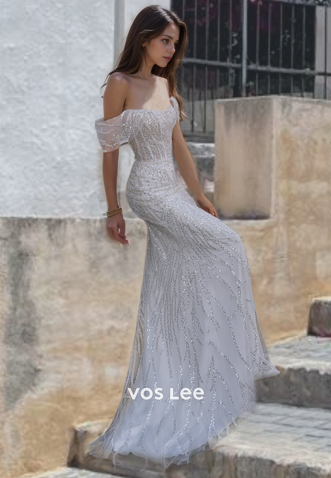 Trumpet/Mermaid Classy Sparkly Sequin Tulle Off Shoulder Sweep Train Wedding Dress